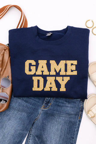 PREORDER: Embroidered Glitter Game Day Sweatshirt in Navy/Old Gold Ave Shops