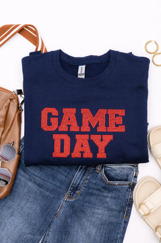 PREORDER: Embroidered Glitter Game Day Sweatshirt in Navy/Red Ave Shops