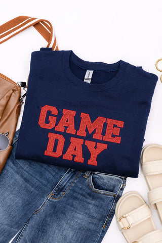 PREORDER: Embroidered Glitter Game Day Sweatshirt in Navy/Red Ave Shops