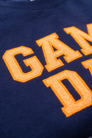 PREORDER: Embroidered Glitter Game Day Sweatshirt in Navy/Orange Ave Shops