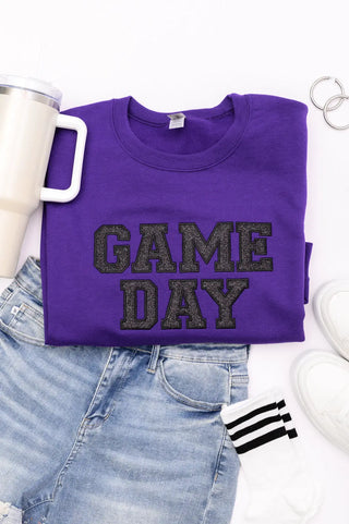 PREORDER: Embroidered Glitter Game Day Sweatshirt in Purple/Black Ave Shops