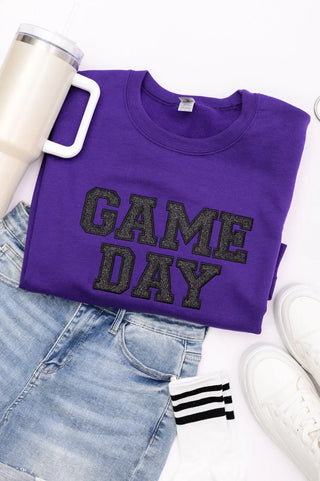 PREORDER: Embroidered Glitter Game Day Sweatshirt in Purple/Black Ave Shops