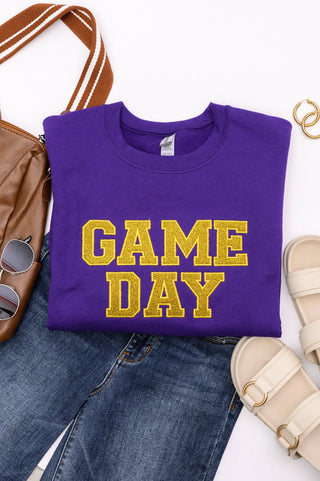 PREORDER: Embroidered Glitter Game Day Sweatshirt in Purple/Golden Yellow Ave Shops