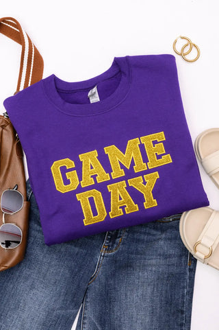 PREORDER: Embroidered Glitter Game Day Sweatshirt in Purple/Golden Yellow Ave Shops