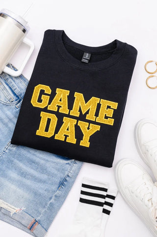 PREORDER: Embroidered Glitter Game Day Sweatshirt in Black/Golden Yellow Ave Shops