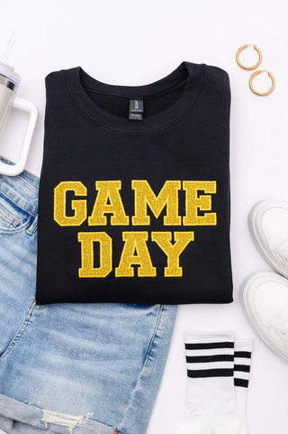 PREORDER: Embroidered Glitter Game Day Sweatshirt in Black/Golden Yellow Ave Shops