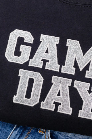 PREORDER: Embroidered Glitter Game Day Sweatshirt in Black/Silver Ave Shops