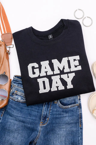 PREORDER: Embroidered Glitter Game Day Sweatshirt in Black/Silver Ave Shops