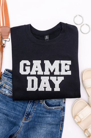 PREORDER: Embroidered Glitter Game Day Sweatshirt in Black/Silver Ave Shops