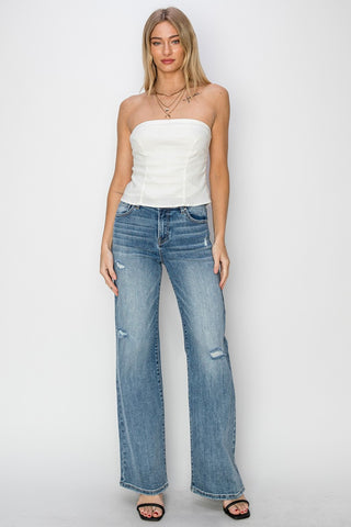 RISEN Full Size High Waist Distressed Wide Leg Jeans Trendsi