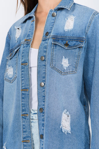 American Bazi Distressed Frayed Hem Denim Jacket Trendsi