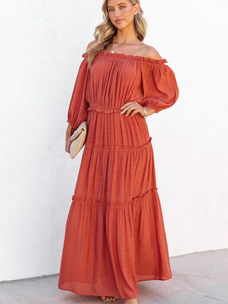 Ruffle Trim Off Shoulder Long Sleeve Maxi Dress Trendsi