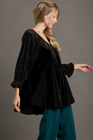 Umgee Godet Hem Polka Dot V-Neck Blouse Trendsi