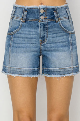 RISEN High Rise Seam Detailed Raw Edge Denim Shorts Trendsi