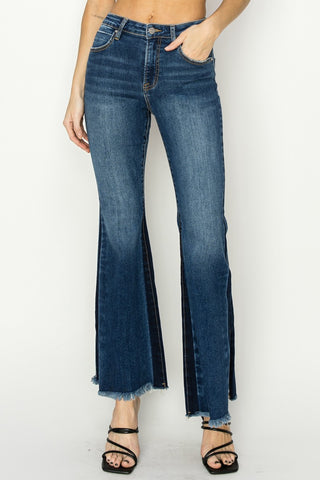 RISEN Full Size High Rise Side Shadow Seam Detail Slit Flare Jeans Trendsi