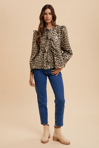 Annie Wear Tied Leopard Round Neck Peplum Blouse Trendsi