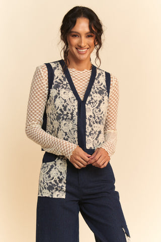 Davi & Dani Lace Patch Open Front Denim Vest Trendsi