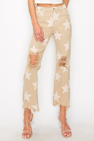 RISEN Full Size High Rise Star Printed Frayed Hem Jeans Trendsi