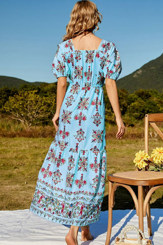 Floral Ruched Puff Sleeve Tiered Maxi Dress Trendsi