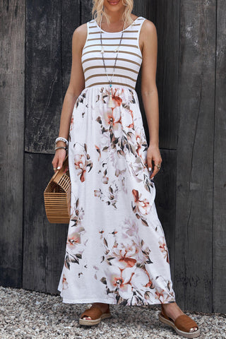 Striped Floral Round Neck Sleeveless Maxi Dress Trendsi