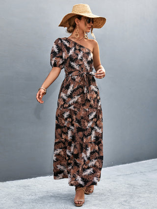 Printed Tie Waist One Shoulder Maxi Dress Trendsi