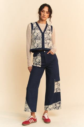 Davi & Dani Lace Patch Open Front Denim Vest Trendsi