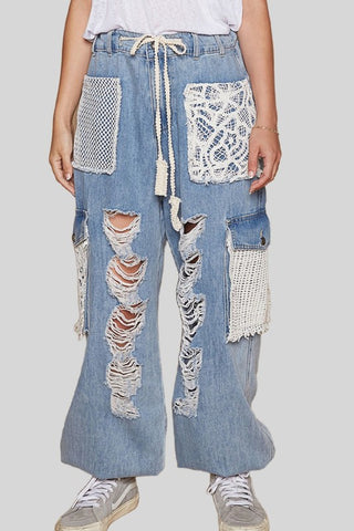 POL Crochet Patch Distressed Washed Jeans Trendsi