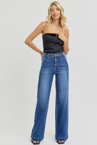 RISEN Full Size High Rise Wide Leg Jeans with Slanted Pockets Trendsi