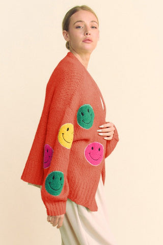 Davi & Dani Fuzzy Smile Open Front Long Sleeve Cardigan Trendsi