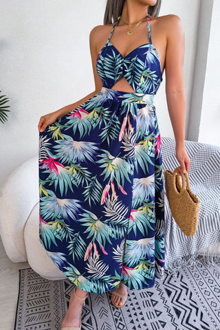 Botanical Print Tied Backless Cutout Slit Dress Trendsi