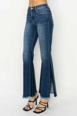 RISEN Full Size High Rise Side Shadow Seam Detail Slit Flare Jeans Trendsi