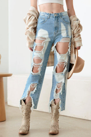 Litz La Frayed Cut Distressed Jeans Trendsi