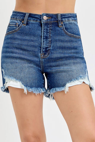 RISEN High Rise Side Step Hem Denim Shorts Trendsi