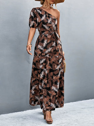 Printed Tie Waist One Shoulder Maxi Dress Trendsi