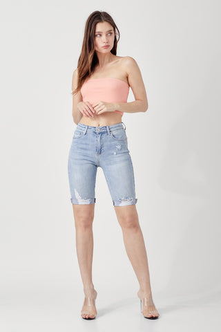 RISEN High Rise Distressed Denim Bermuda Shorts Trendsi