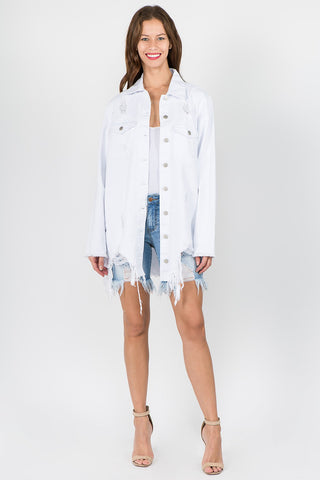 American Bazi Distressed Frayed Hem Denim Jacket Trendsi