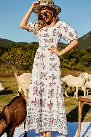 Floral Ruched Puff Sleeve Tiered Maxi Dress Trendsi