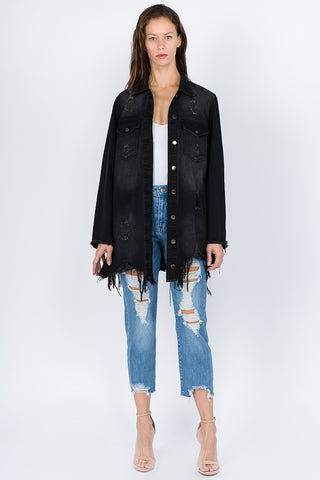 American Bazi Distressed Frayed Hem Denim Jacket Trendsi