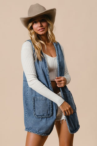 BiBi Braided Trim Open Front Denim Vest with Pockets Trendsi