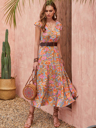 Ruffled Printed V-Neck Cap Sleeve Tiered Dress Trendsi