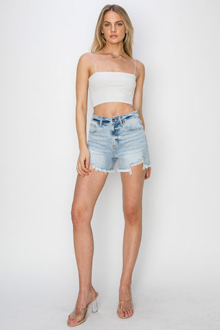 RISEN Full Size High Waist Frayed Detail Denim Shorts Trendsi