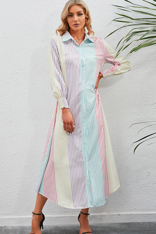 Rainbow Stripe Button-Up Maxi Shirt Dress Trendsi