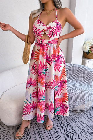 Botanical Print Tied Backless Cutout Slit Dress Trendsi