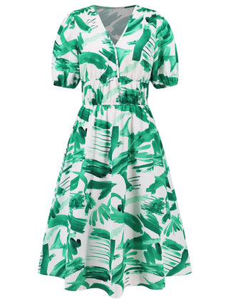 Ruched Printed Surplice Short Sleeve Dress Trendsi