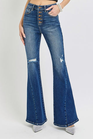 RISEN Distressed Button-Fly Flare Jeans Trendsi