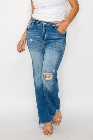 bytos Full Size Raw Hem Distressed Mid Rise Straight Jeans Trendsi