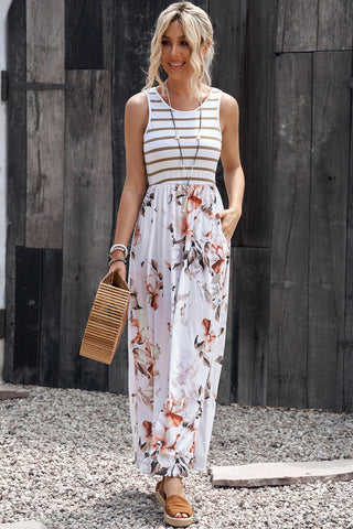 Striped Floral Round Neck Sleeveless Maxi Dress Trendsi