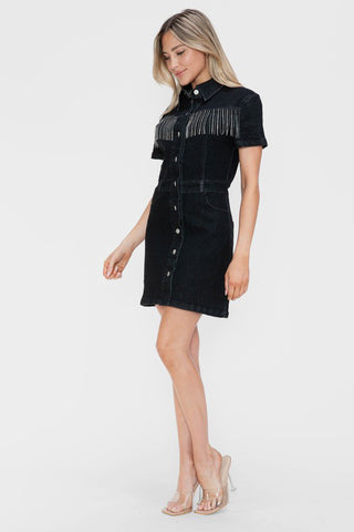 bytos Full Size Embellished Button Down Short Sleeve Denim Dress Trendsi