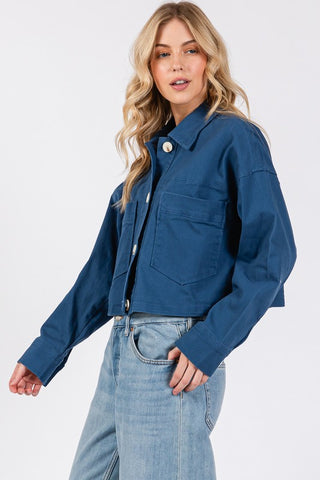 bytos Button Down Cropped Denim Jacket with Patch Pockets Trendsi