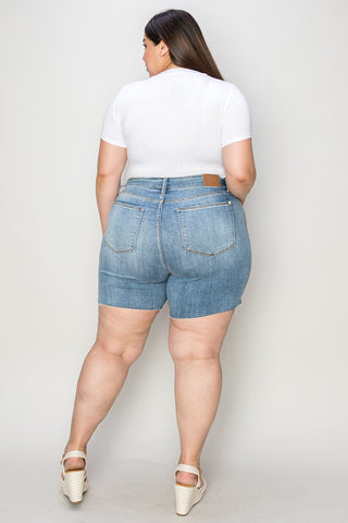 Judy Blue Full Size High Waist Raw Hem Denim Shorts Trendsi